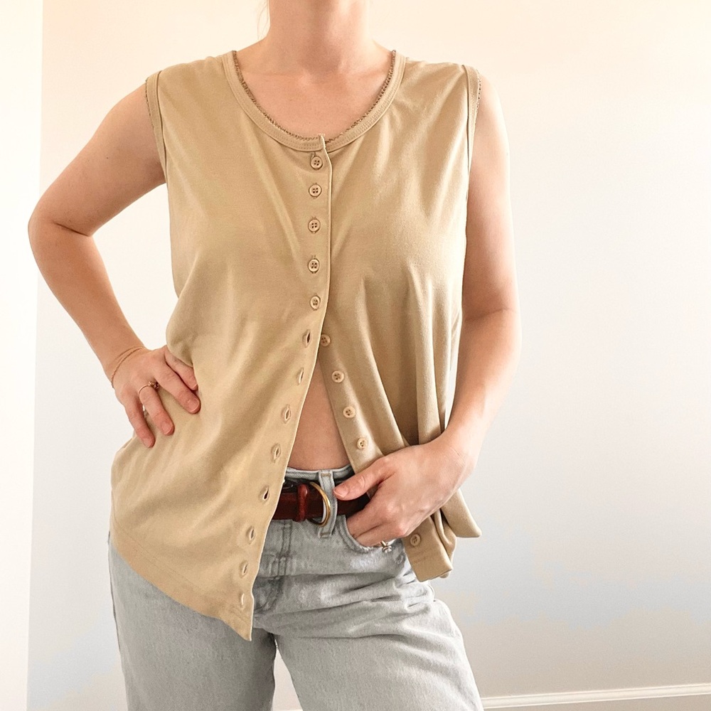 Vintage Sleeveless Tan Button-Up Top